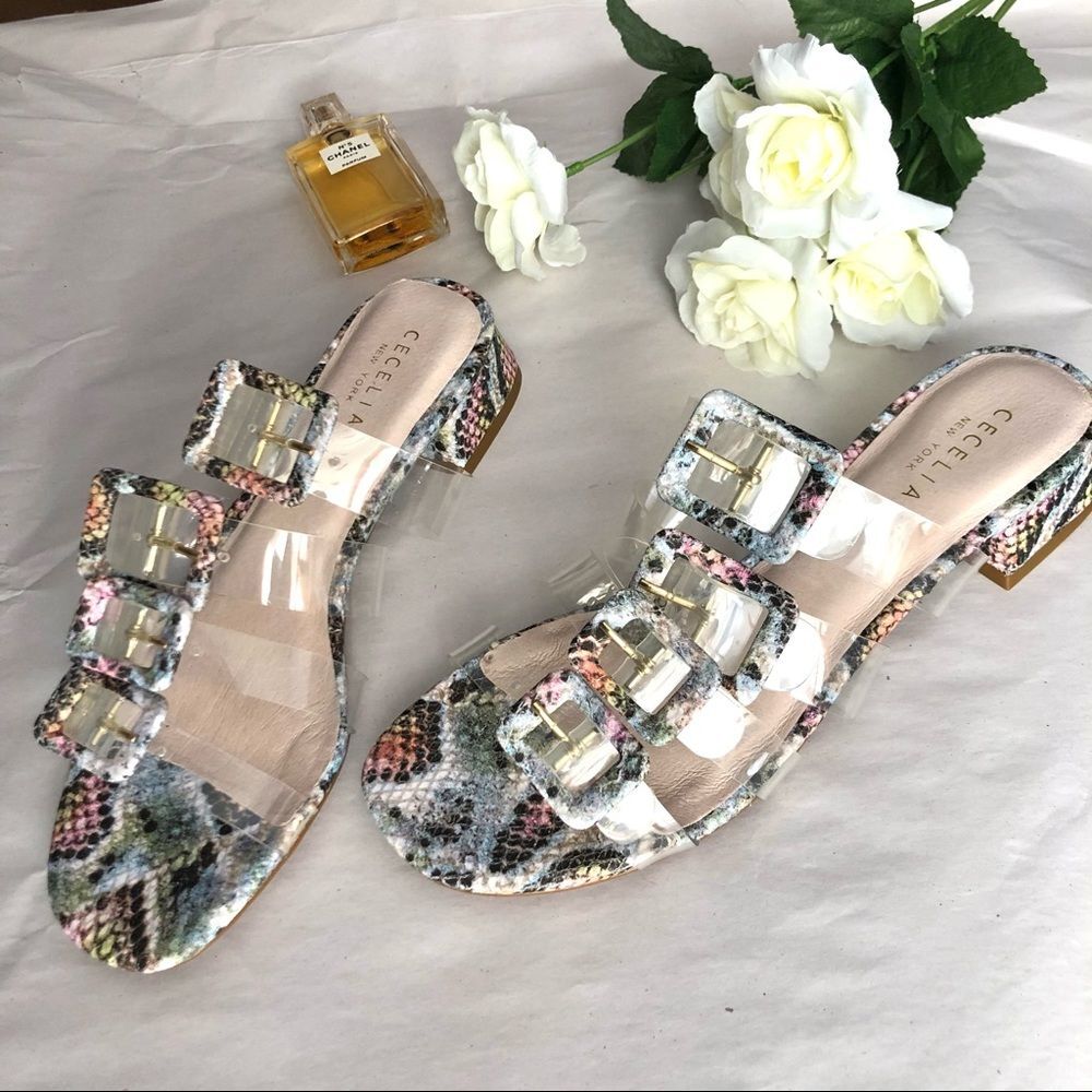 NEW Cecelia Lincoln Snake Print Clear Strap Low Heel Slide Sandal Sz 6.5 Resort